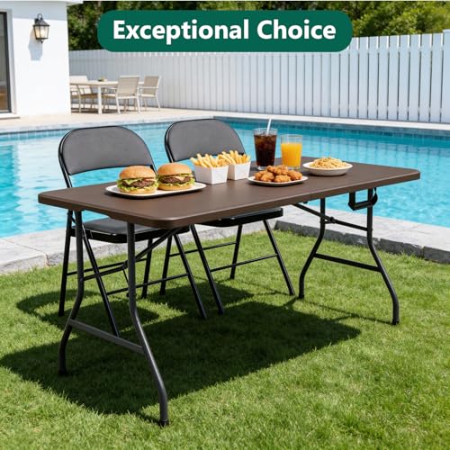 2 Pack Folding Table 5ft - Heavy Duty Plastic Table with Handle, Foldable & Portable, Fold-in-Half Utility Tables for Outdoor, Dining, Wedding, Events, Indoor, Picnic, Camping, Party (Brown) - color: Brown, size: 5ft-2pack