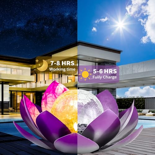AIINY Solar Light Outdoor(2Pack), Art Crackle Globe Glass Lotus Decoration, Solar LED Waterproof Purple Metal Flower Lights for Patio,Lawn,Walkway,Tabletop - color: Purple