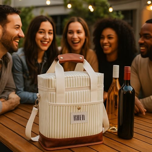Khen 2 Bottle Wine Bag Carrier Tote - Leakproof & Insulated Padded, Leather Versatile Cooler Bag - Travel, Picnic, BYOB Restaurant, Party, Dinner, Gifts for Lovers, Portable Case, Gift for Men Women