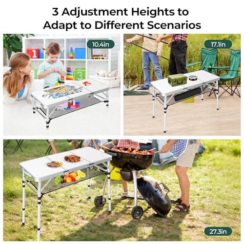 Folding Camping Table with Storage Net,3ft Portable Aluminum Folding Table with 3 Adjustable Height Max 27.3 Inch for Outdoor Backyard BBQ Picnic Cooking Tents Beach Indoor Bedroom（Silver） - color: Silver