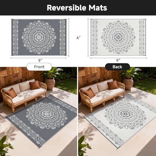 Pauwer Waterproof Outdoor Rug 6x9, Reversible Plastic Straw Patio Camping Rug, Indoor Outdoor RV Mat Carpet for Deck, Camper, Porch, Balcony, Backyard, Picnic, Floral Grey - color: Floral Grey, size: 6' x 9' (Rectangular)