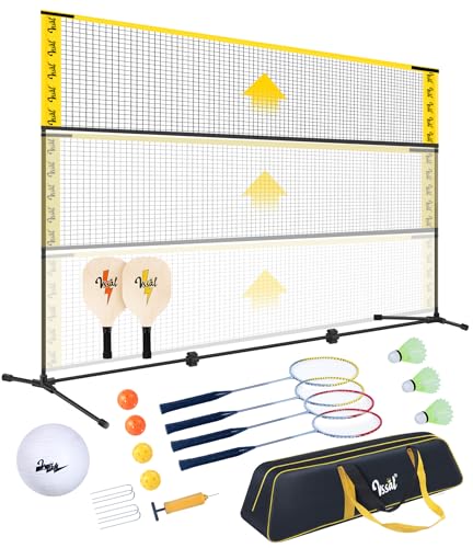 3-in-1 Portable Badminton, Volleyball & Pickleball Net Set for Adults, Adjustable Height 34"–7 ft for Backyards or Beach, Outdoor Sports Combo with Carry Bag, Rackets, Paddles & Balls - style: 10 ft wide Half Court Net