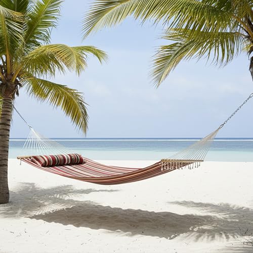 Sunnydaze Quilted Double Hammock for Outside with Spreader Bars and Pillow - 450 lb Capacity, 74x55 Inch Bed, UV Resistant, Quick Dry - Chains Included, Stand Sold Separately - Awning Stripe - color: Awning Stripe