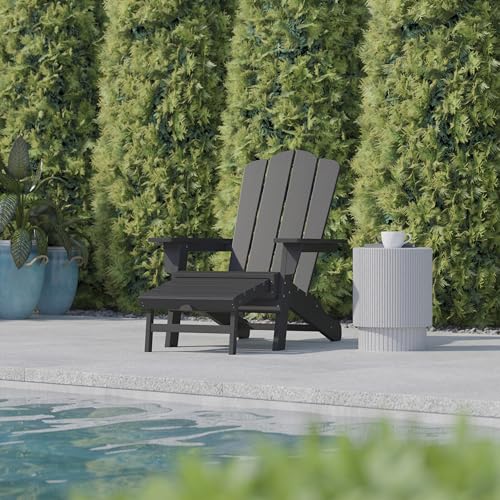 Flash Furniture Newport Poly Resin Adirondack Chair with Cup Holder and Pull Out Ottoman, All-Weather Poly Resin Indoor/Outdoor Lounge Chair, Gray - color: Grey, size: 47.25" - 33.25"dx33.75"wx35.75"h