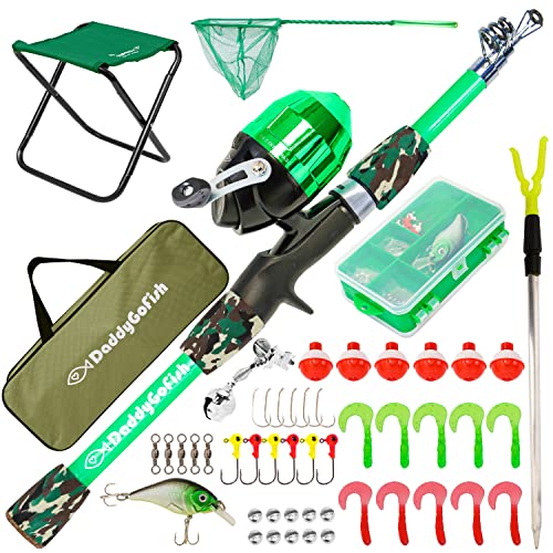 DaddyGoFish Kids Fishing Pole - Rod Reel Combo Tackle Box Starter Set - First Year Small Dock Gear Kit for Boys Girls Toddler Youth Age Beginner Little Children Junior Anglers - color: Green (Complete Set), size: 5ft