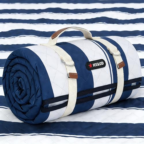 HX&OD Outdoor Picnic Blanket Extra Large, 80”x60” Waterproof Picnic Mat Foldable Camping Blanket Portable with Carry Strap for Beach Mat (Bule) - color: Blue&white, size: 80 x 60 inches