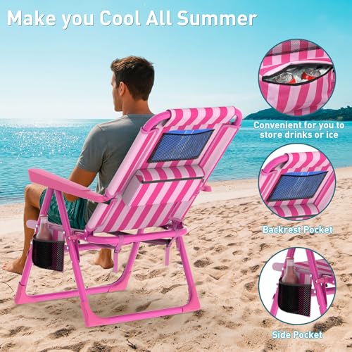 Suteck Backpack Beach Chair, 6-Positions Beach Chairs for Adults with Cooler Bag, Reclining Beach Chair with Cup Holder Folding Camping Chair for Sand Outdoor - color: Striped Pink