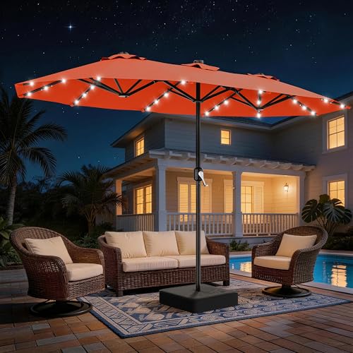 AreShark 13 FT Patio Umbrella with Solar Lights, Double-Sided Outdoor Table Umbrellas with Crank, Large Rectangular Market Umbrella for Porch, Lawn, Pool, Backyard, Orange - color: Orange, size: 6.5x13 Ft