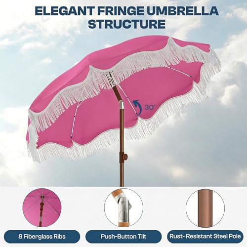 7ft Patio Umbrella with Fringe, Boho Beach Umbrellas, Outdoor Tassels Umbrellas with Push Button Tilt & Carrying Bag, 8 Windproof Fiberglass Ribs, UPF50+ - color: Rose Pink