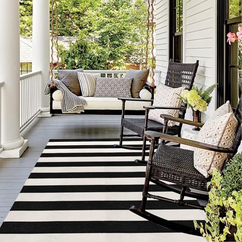 LEEVAN Black and White Outdoor Rug 4x6, Cotton Washable Outdoor Patio Rug, Black Striped Reversible Rug for Balcony Decor, Woven Entryway Rug for Layered Door Mats Porch/Front Door - color: Black and White Stripes, size: 4' x 5'11" (Rectangular)