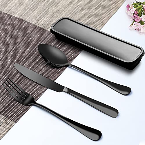 Portable Travel Utensils Set, 18/8 Stainless Steel 3 PCS Cutlery Set Including Knife Fork and Spoon, Reusable Travel Silverware Set with Case for Lunch Box Camping School Office - color: Black - 3 PCs