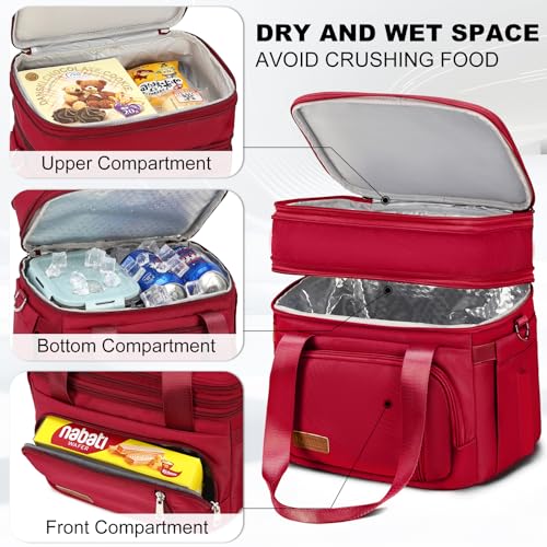 MAPLELILY Lunch Box for Men Women - Double Deck Insulated Lunch Bag, Large Leak Proof Tote Cooler, Wide Open Dual Compartment Lunch Bags with Shoulder Strap, For Work Picnic Hiking Beach, Red - color: Red