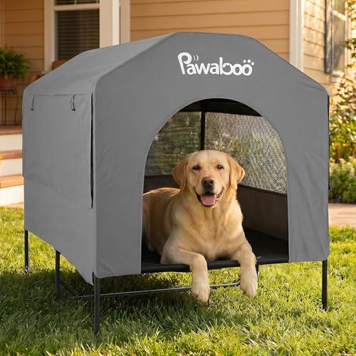 Pawaboo 47'' XL Dog House Outdoor for Medium Large Breeds, Weatherproof Large Dog Shelter, Elevated Dogs Bed & Breathable Mesh Windows, Larges Dogs Houses Outdoor/Indoor for All Seasons, Grey