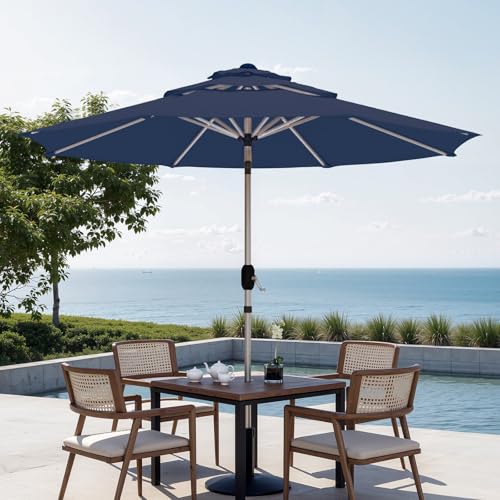 9FT 3-Tier Aluminum Outdoor Patio Umbrella, Fade-Resistant Market Umbrella with Push Button Tilt Function, 8 Sturdy All-Aluminum Ribs for Gardens, Patios, Backyards & Pools - color: Navy Blue, size: 9FT-3Tier (Aluminum Umbrella)