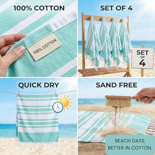 Turkish Beach Towels Set of 4 - Oversized Cotton Beach Towels 40X70 inch - Sand Free Quick Dry Beach Blanket for Adults - Extra Large Towels for Beach Bath Pool Yoga Travel - Aqua Blue - color: Aqua, size: 4 Pack