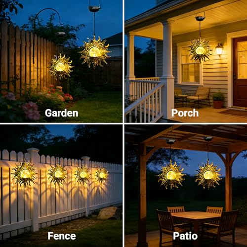 Hanging Solar Lights Outside Lanterns Garden Decorations,2 Pack Metal Sun Outdoor Art Decor for Backyard Balcony Patio Porch Landscape Pathway,Unique Mother's Day Gifts for Women Mom Grandma