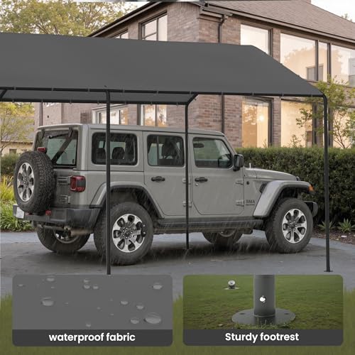 Carport, 10‘ x 20’ Heavy Duty Portable Garage All-Season Car Canopy, Outdoor Garage Boat Shelter Carport Canopy Party Tent w/Water-Resistant Tarp for Backyard (Grey, 10' x 20' /no Side) - color: Gray, size: 10' x 20' /no side