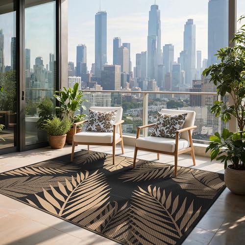 sarben Outdoor Rug 4’x6’ Waterproof for Patio Clearance, Reversible Indoor Outdoor Plastic Straw Camping Rug Carpet, RV Mat, Large Area Rug for Deck, Backyard, Balcony, Porch, Beach, Black & Brown - color: Black & Brown | Waterproof, size: 4' X 6' (Rectan