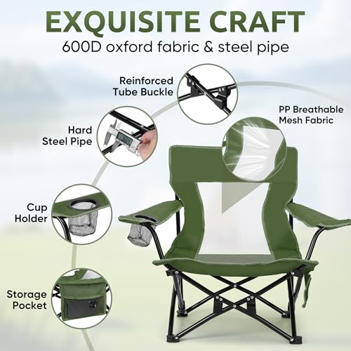 HaSteeL Folding Beach Chair Set of 2, Foldable Green Camping Chairs for Outside, Low Beach Chair Portable for Adults Fishing, Picnic, Outdoor BBQ, Travel, Sports, Cup Holder & Storage Bag - color: Green Chairs