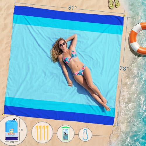 BYDOLL Beach Blanket Waterproof Sandproof Large Sand Free, 78''X81'' Oversized Sandless Lightweight Blanket Picnic Mat for Beach Travel Camping Hiking with Stakes - color: Blue, size: 78"X81"