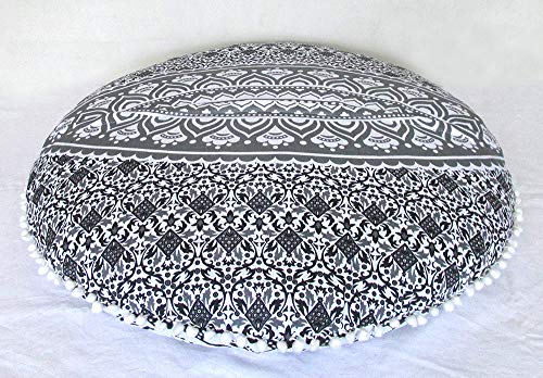 CRAFT KALA 32" in Round Mandala Floor Pillow Cushion Cover Seating Throw Cover Hippie Decorative Bohemian Ottoman Poufs Pillow Cover Cases Boho Cotton Living Yoga Home Décor Room (Grey Ombre) - color: Grey Ombre