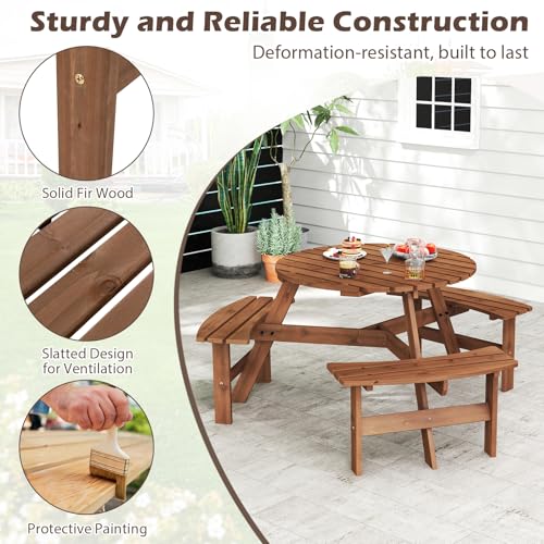 Giantex 6-Person Round Picnic Table Set with 3 Benches, 550 LBS Bench Capacity, 2" Umbrella Hole, Circular Outdoor Wood Dining Table & Chairs for Patio Yard Garden Porch Deck (68”x62”x28”,Brown) - color: Brown, size: 68”x62”x28”