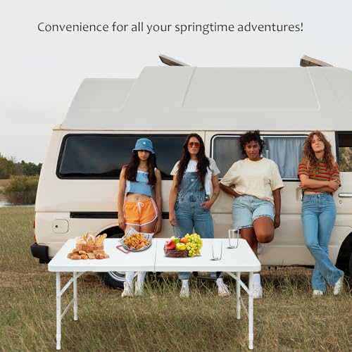 Portable Plastic Folding Table 4ft/6ft/8ft Heavy Duty White Black Picnic Dining Table Fold-in-Half for Camp Party Kitchen Indoor Outdoor (White, 4FT) - color: White, size: 4FT, style: Flat Desktop