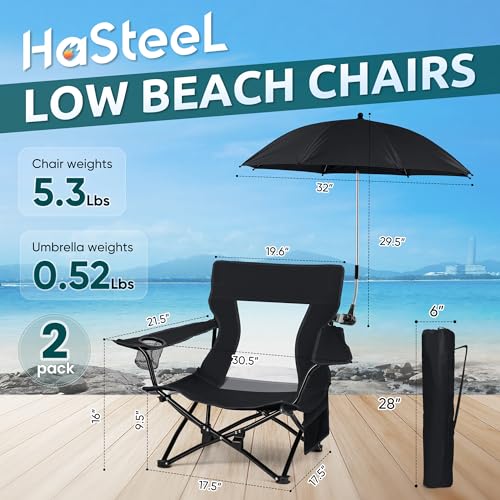 HaSteeL Low Beach Chair Set of 2, Foldable Black Camping Chair with Adjustable Umbrella Set for Adults, Lightweight Portable Lawn Chairs for Fishing, Picnic, Outdoor BBQ, Travel, Sports - color: Black Chairs + Black Umbrella
