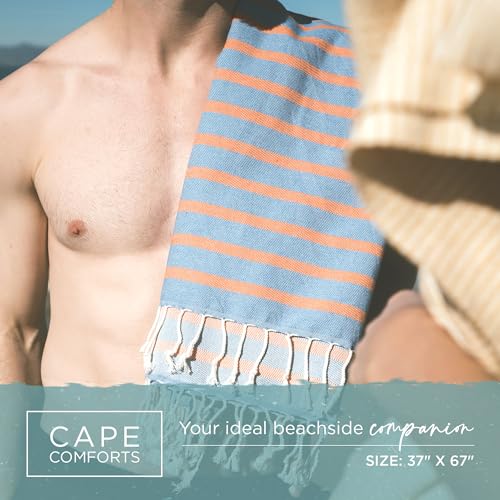 Cape Comforts Large Turkish Beach Towel, Striped Denim Blue & Orange - 37'' x 67'' - Super Soft & Lightweight - Quick Dry Sand Free Travel Towels for Beach or Bath - Gifts - color: Stripe - Powder Blue
