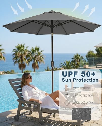 PatioKingdom Auto-Tilt 9FT Patio Umbrella Outdoor with 8 Sturdy Fiberglass Ribs,Market Table Umbrella for Pool,Backyard,Deck and Garden - color: Gray, size: 9FT