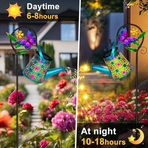 Solar Watering Can with Lights, Waterproof Solar Lantern with Butterfly Shepherd Hook, Hanging Garden Lights for Patio Yard Lawn Porch Outdoor Decoration 2 Pack - color: Blue Butterfly, size: 2 Pack