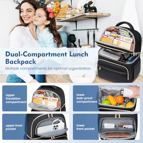 Backpack Cooler Lunch Backpacks Double Decker Lunch Box,Insulated Backpacks Lunch Cooler Bags, Lightweight Leakproof Lunchbox Back Pack for Women Men to Travel,Picnic,Hiking,Beach,Camping - color: Black