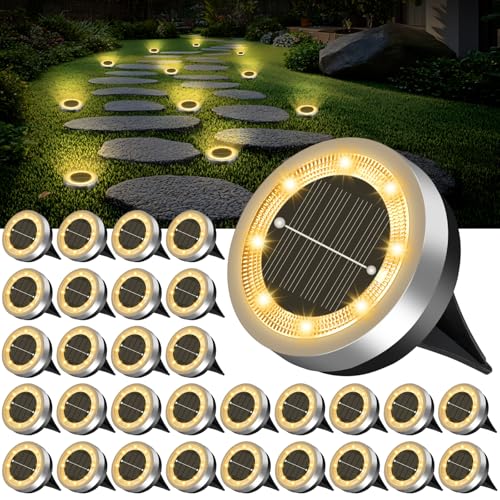 Mini Solar Ground Lights Outdoor 32 Pack Waterproof Upgraded Anti-Rust Solar Flat Garden Lights Stainless Steel Solor Powered Disc Landscape Light for Pathway Walkway Yard Lawn Patio-Warm White - color: Warm White, size: 32 Pack