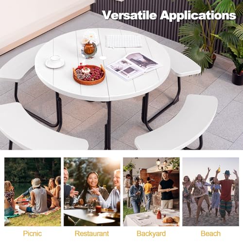 Tangkula 8 Person Picnic Table, Outdoor Round Picnic Table with 4 Built-in Benches, Umbrella Hole, Metal Frame & HDPE Tabletop, Outside Table and Bench Set for Backyard, 2300lbs Weight Capacity - color: White