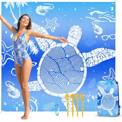 Oversized Beach Blanket (79" x 79") - Sandproof & Waterproof Outdoor Picnic Mat for 4-7 Adults - Lightweight, Foldable & Portable Ground Cover for Travel, Camping, Festivals - color: Sea Translucent Turtle