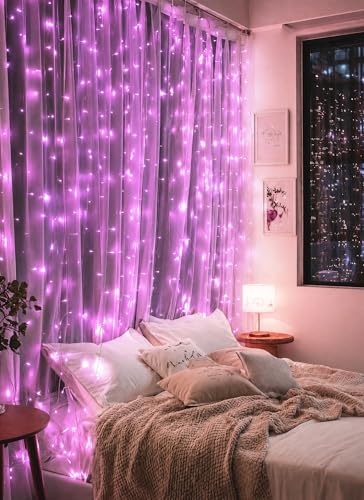 Brightown 300 LED Pink Fairy Curtain Lights, 9.8ft x 9.8ft String Lights, USB Plug in 8 Lighting Modes Christmas String Hanging Lights with Remote for Bedroom Indoor Outdoor Party Xmas Pink 1 Pack - color: Pink, size: 1 Pack-300 LED
