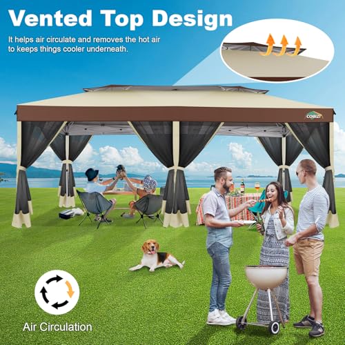 COBIZI 10x20 Pop up Gazebo, One-Push Setup Canopy Tent with Mosquito Netting & Vented Roof Design, Upgrade Metal Easy up Canopy Carpa Outdoor Gazebos for Backyard Camping Deck Party(Khaki & Brown) - color: Khaki & Brown, size: 10x20 FT Upgraded