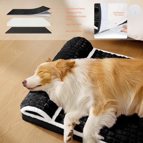 Orthopedic XL Dog Bed Large Sized Dog with Pillow 42''X28'', Waterproof Soft Comfortable Egg Crate Foam Pet Crate Beds Mat with Removable Washable Cover and Non-Slip Bottom, Black - color: Black, size: 42"l X 28"w X 3.5"th