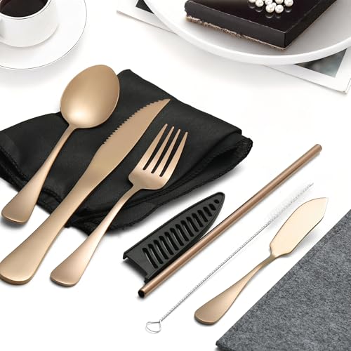 Travel Utensils with Case, Portable Silverware Set Stainless Steel Lunch Box Travel Cutlery Set for Work, Camping, Picnic, Hiking, Office (Rose Gold) - color: Rose Gold