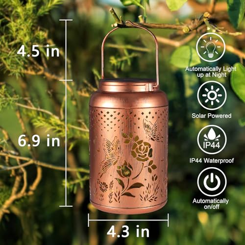 Rose Butterfly Decoration Solar Lanterns Outdoor Waterproof Garden Decor Gifts for Women Mon Grandma Metal Hanging Solar Lights for Outside LED Lanterns for Yard, Patio - style: Butterfly