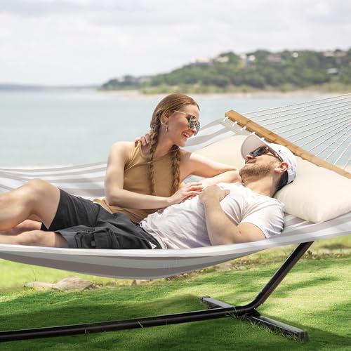 SUNCREAT Double Hammock with Stand Included, Outdoor Portable Hammock with Stand, Light Gray Stripes - color: Light Gray, size: 78.7 x 55.1 in, Hammock with 144 in Stand
