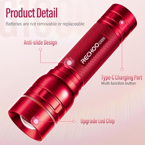 RECHOO Rechargeable Flashlights High Lumens, G1000 Super Bright Flash Light, Small Zoomable LED Flashlight with 3 Lighting Modes, Portable Tactical Flashlight, Gift for Women(Battery Included)-Red - color: Red, size: 1 Pack