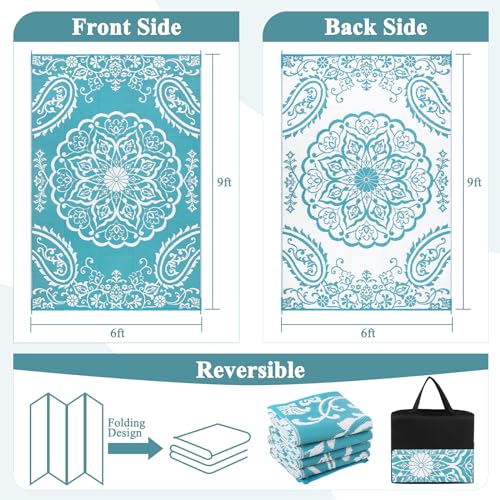 Pauwer Reversible Outdoor Rug, 6'x9', Waterproof Polypropylene Patio Mat, RV, Balcony, Deck, Beach, Picnic - color: Boho Teal, size: 6' x 9' (Rectangular)