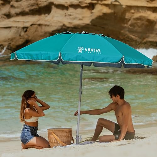 AMMSUN 8 Feet Large Beach Umbrella with Sand Anchor Heavy Duty High Wind Portable Outdoor Umbrellas UV 50+ Protection Air Vent Tilt Patio Garden Pool - color: Teal