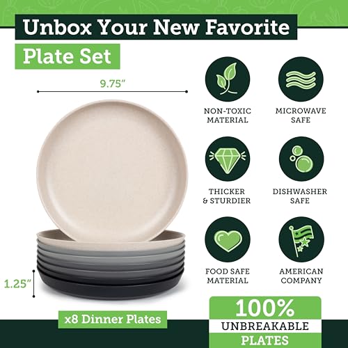 Grow Forward Premium Wheat Straw Plates - 10 Inch Reusable Hard Plastic Dinner Plates Set of 8 - Unbreakable Microwave Safe Plates for Dessert, Camping, RV, Outdoors, Patio, Kitchen Dishes - Moonlight - color: Moonlight, size: 10 inch