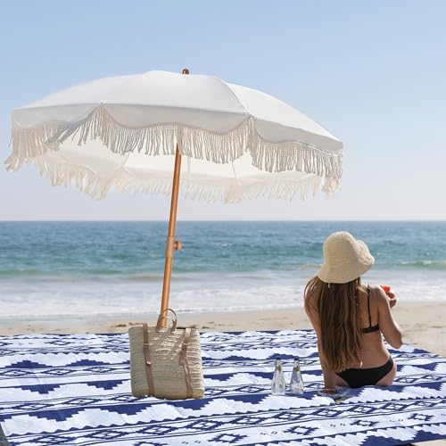 AMMSUN Boho Fringe Umbrella with Outdoor Blanket, 6.5ft UPF50+ Picnic Umbrella with Tassels with Steel Pole & Push Button Tilt, Antique White - color: Antique White with Blanket