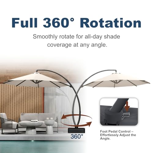 12FT Cantilever Umbrella with Base Large Curvy Outdoor Aluminum Offset Umbrella w/ 360° Rotation, UV Resistant Canopy for Patio, Garden, Backyard, Beige - color: Beige, size: 12FT