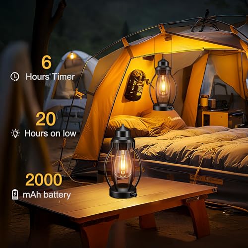 Rechargeable Outdoor Camping Lanterns 2Pack, Vintage Dimmable Hanging Outdoor Lanterns with Timer, Waterproof Battey Powered Indoor Table Lamps for Patio, Garden, Porch Decorations - style: A