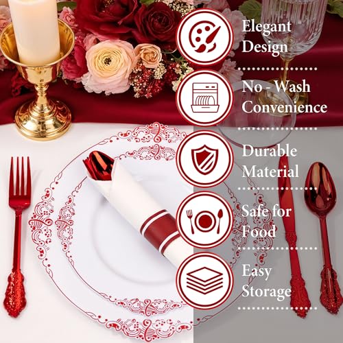 Nervure 350PCS Red Plastic Plates - White Red Plastic Dinnerware Set for 50 Guests - 100 Red Disposable Plates, 50 Pre Rolled Cutlery Set, 50 Cups Perfect for Wedding & Party & Mothers Day - color: White and Red
