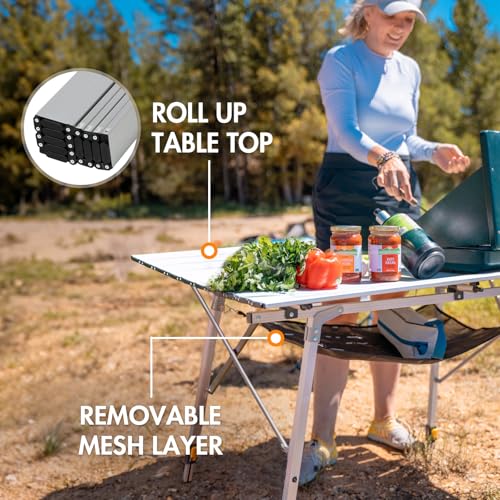 Portal Camping Table Portable Foldable with Adjustable Legs, Aluminum Folding Table Roll Up Table with Carrying Bag for Outdoor, Beach, Picnic, Backyards, BBQ and Party, Silver, Big - color: Silver, size: Extra Large-47.2"L x 27.6"W